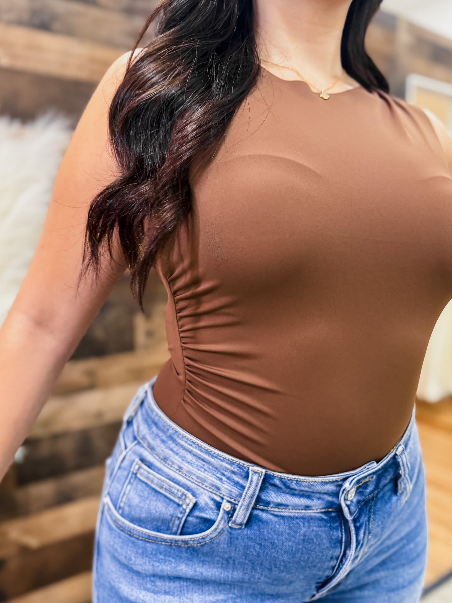 Alivia Ruched Laser Cut Sleeveless Bodysuit