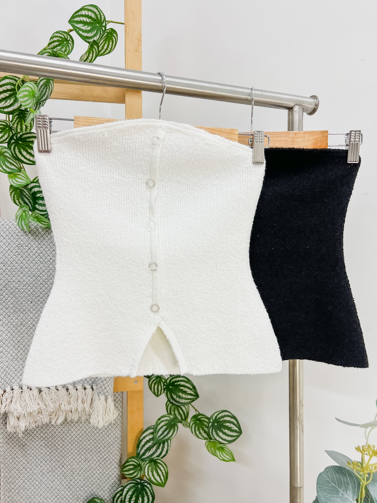 Daphne Strapless Knit Button Top