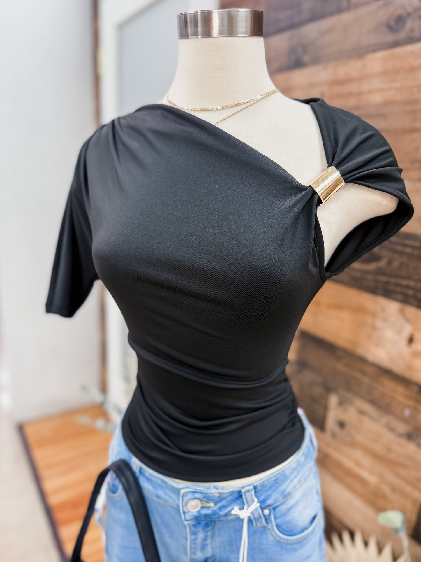Arielle Asymmetrical Neckline Gold Detail Top