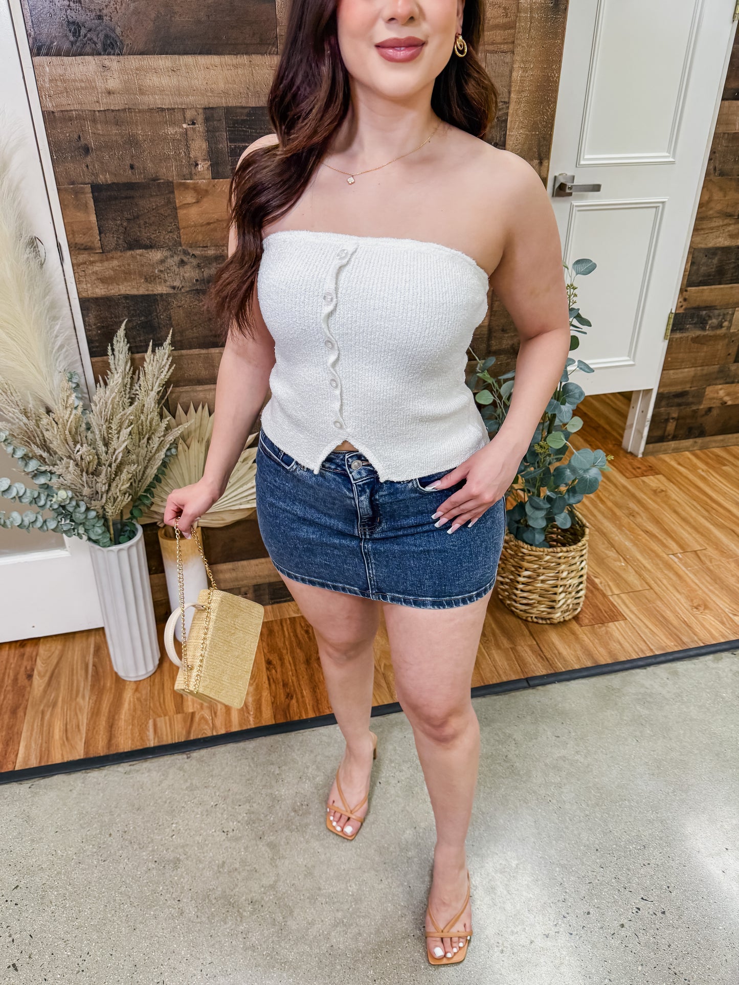 Daphne Strapless Knit Button Top
