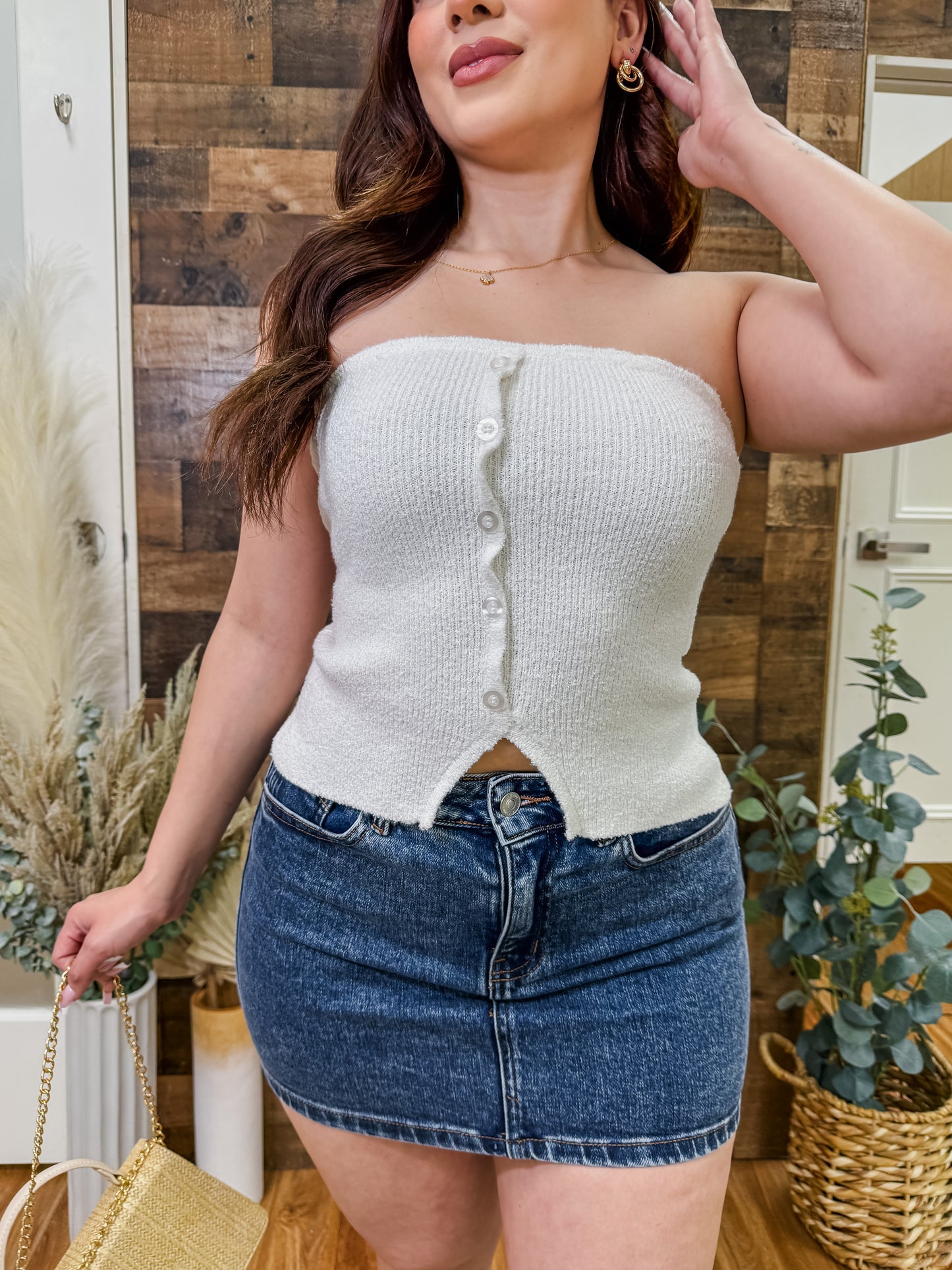Daphne Strapless Knit Button Top