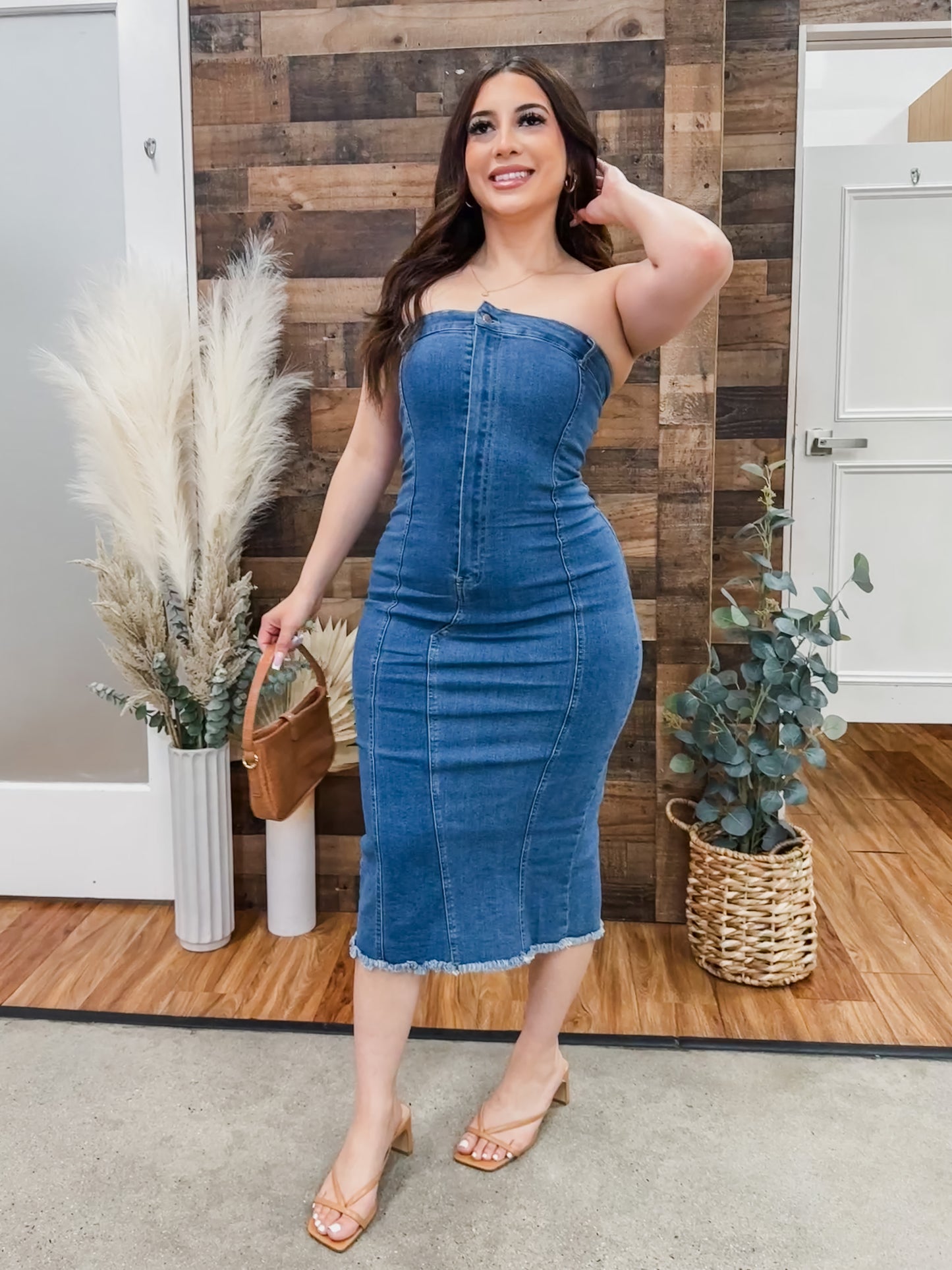 Paola Strapless Stretch Denim Midi Dress