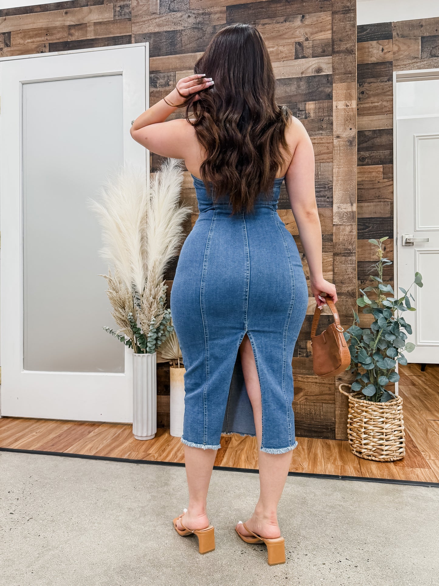 Paola Strapless Stretch Denim Midi Dress
