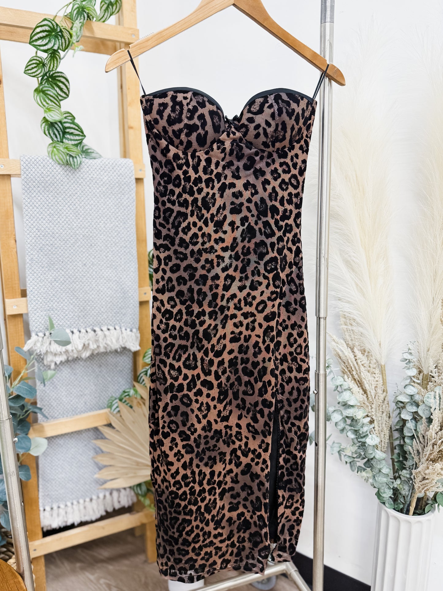 Priscilla Midi Strapless Leopard Dress