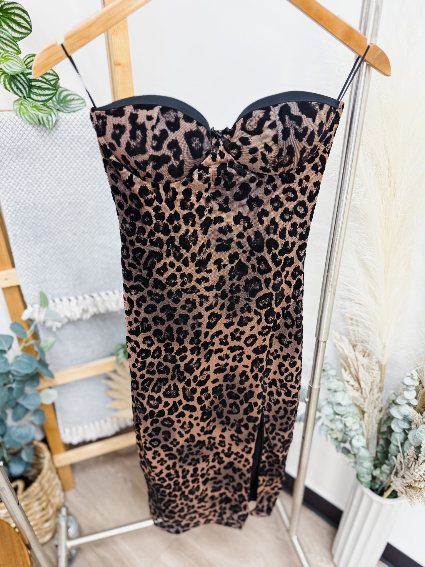 Priscilla Midi Strapless Leopard Dress