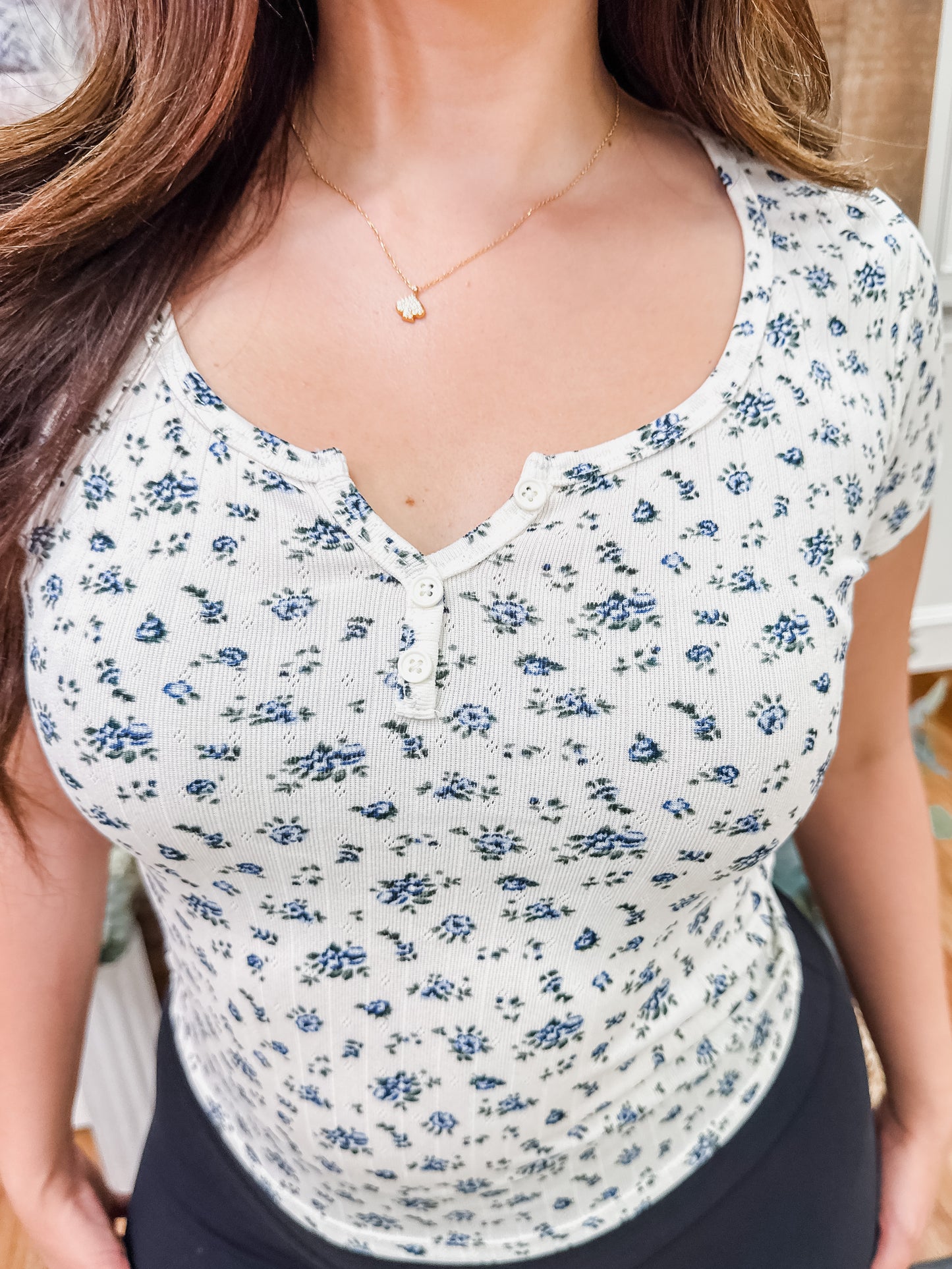 Lynn Pointelle Dip Button Front T-Shirt