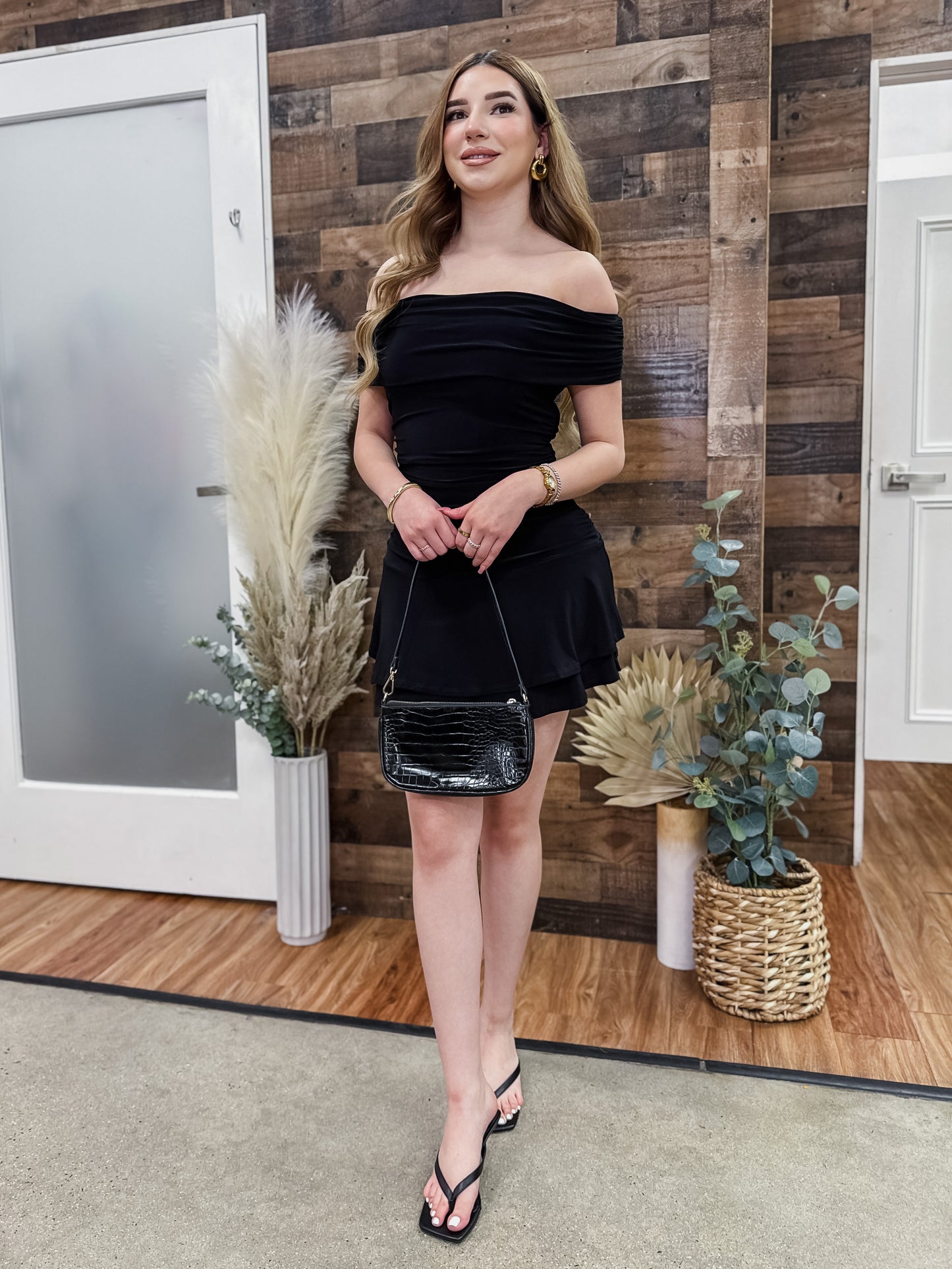 Gabrielle Off Shoulder Drop Waist Dress