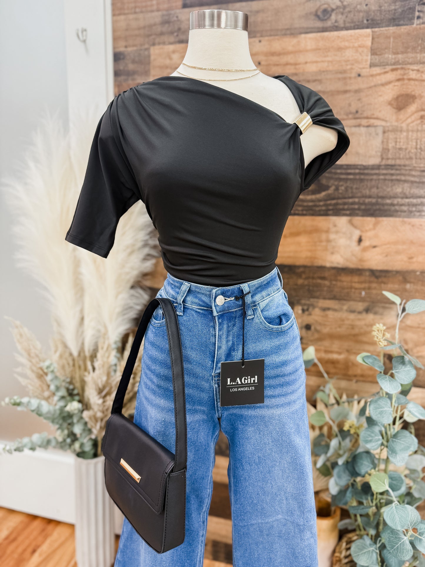 Arielle Asymmetrical Neckline Gold Detail Top