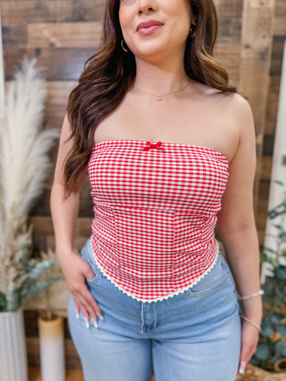 Ginger Strapless Gingham Bow Top