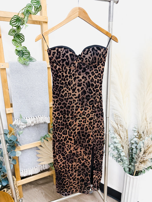 Priscilla Midi Strapless Leopard Dress