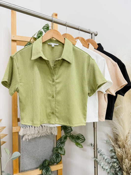 Esme Crinkle Button Short Sleeve Top
