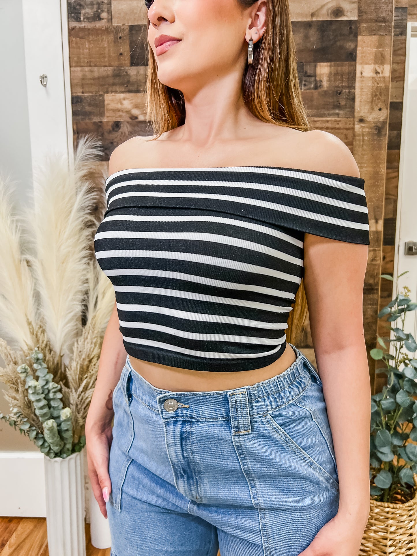 Andrea Striped Off Shoulder Stretch Top