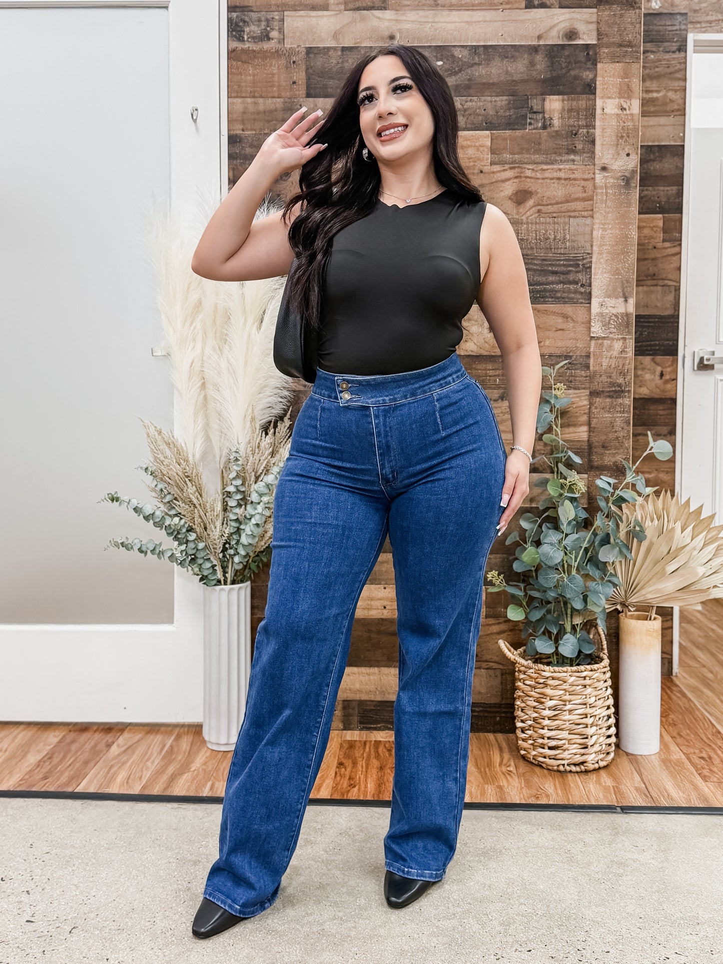 Leah Side Buttons Straight Leg Stretch Jeans