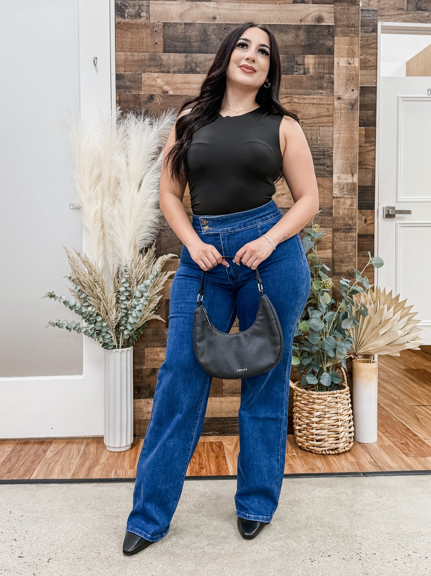 Leah Side Buttons Straight Leg Stretch Jeans