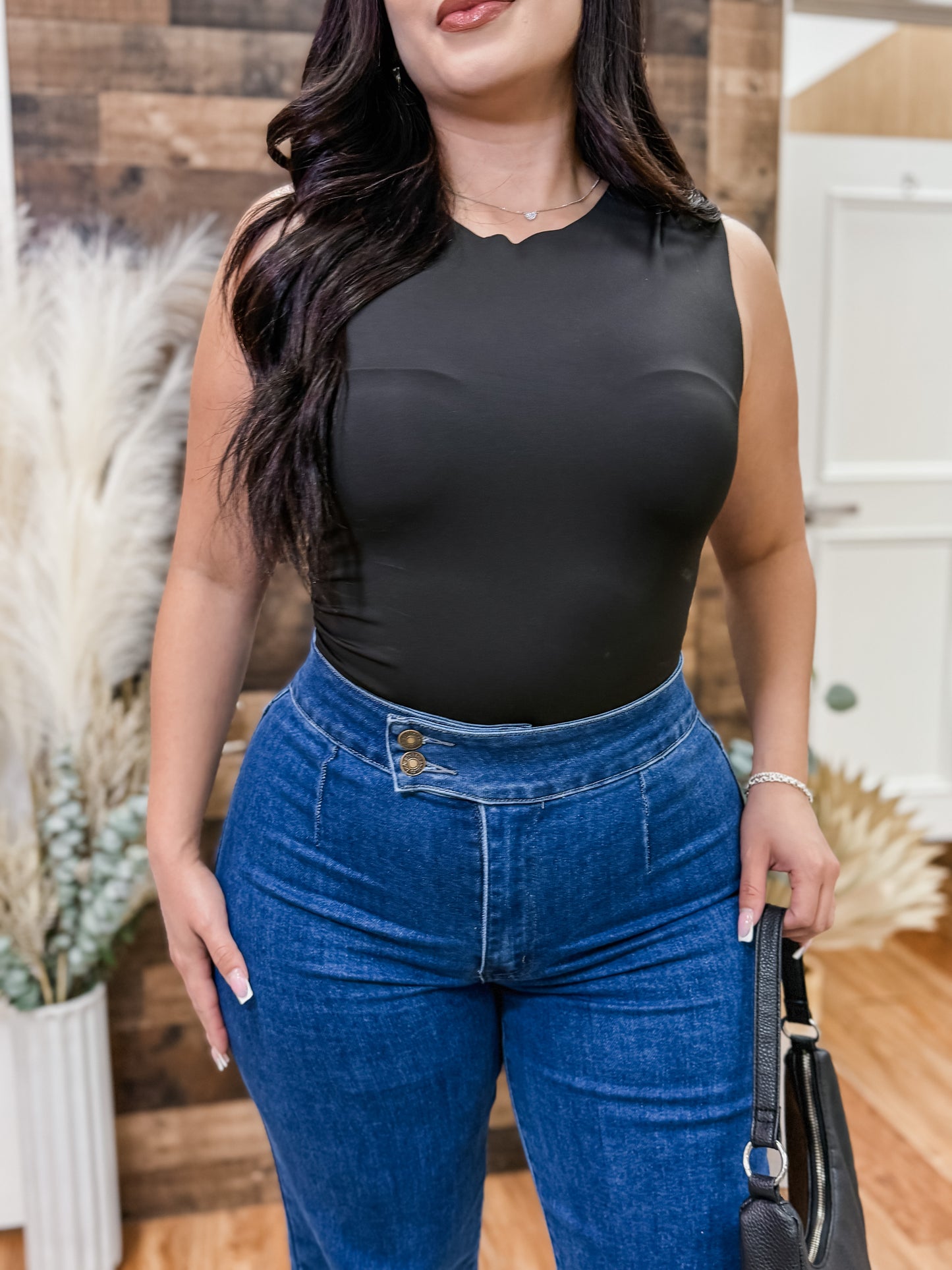 Leah Side Buttons Straight Leg Stretch Jeans