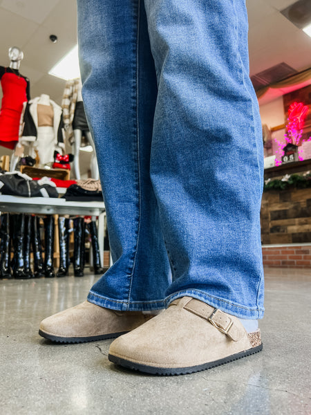 Matcha Buckle Suede Slip On Clogs