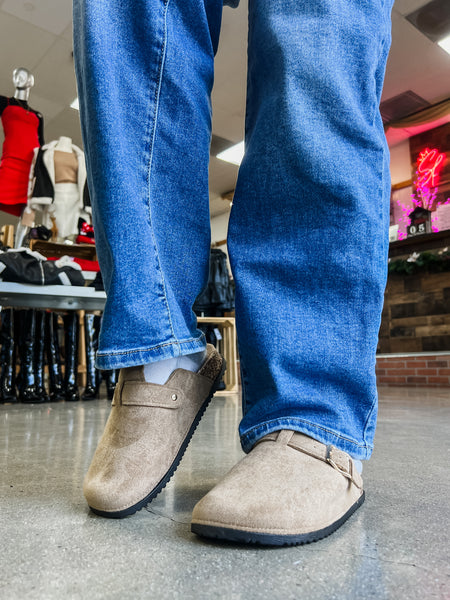 Matcha Buckle Suede Slip On Clogs