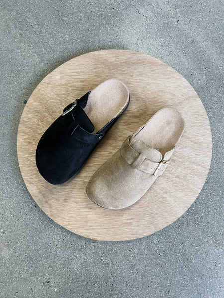 Matcha Buckle Suede Slip On Clogs