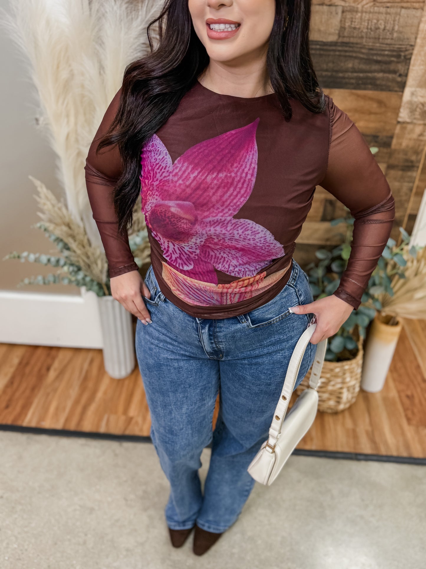 Alana Flower Long Sleeve Mesh Top