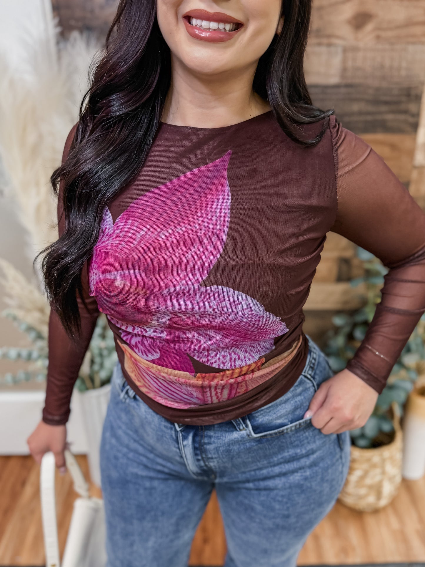 Alana Flower Long Sleeve Mesh Top