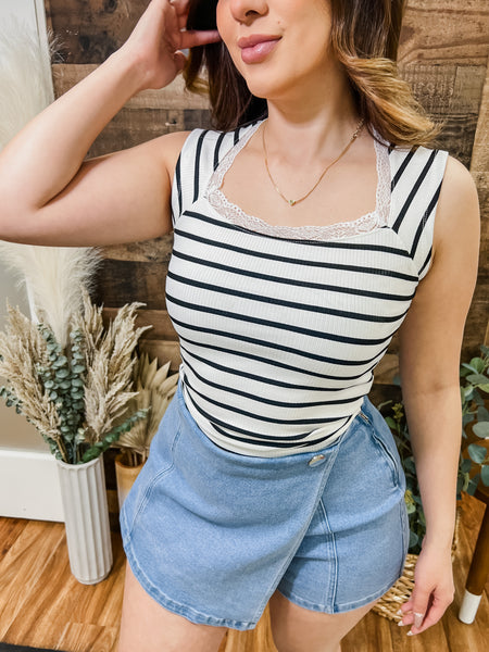 Brielle Striped Lace Trim Top