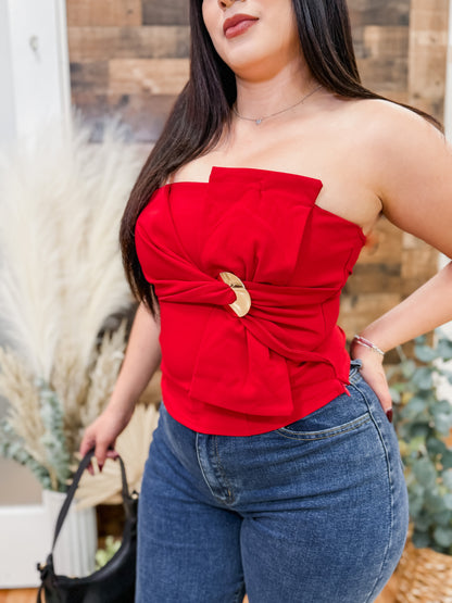 Alma Twist Strapless Gold Buckle Top