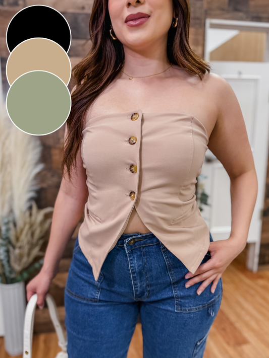 Karol Button Front Strapless Top