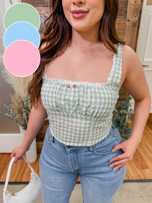 Riley Gingham Rosette Lace Trim Top