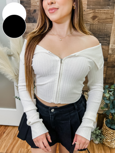 London Off Shoulder Zip Sweater