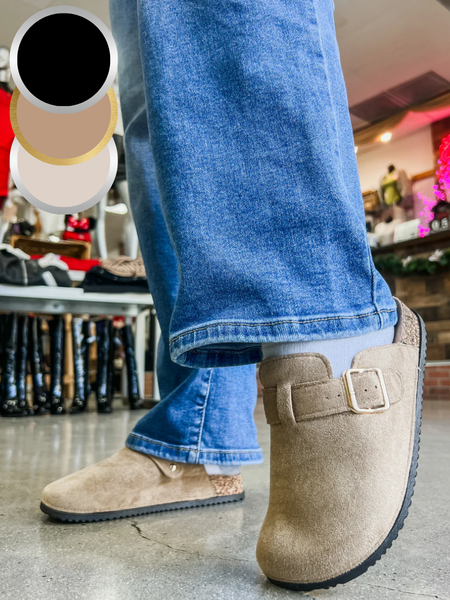 Matcha Buckle Suede Slip On Clogs