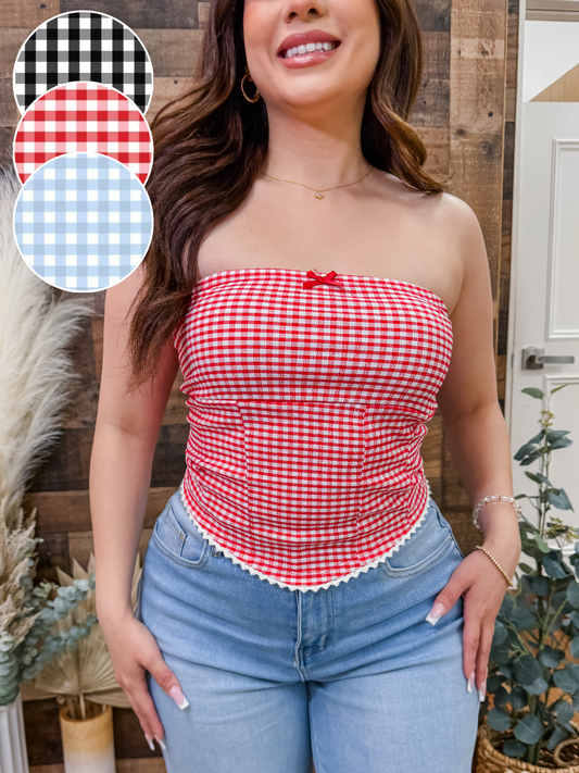 Ginger Strapless Gingham Bow Top