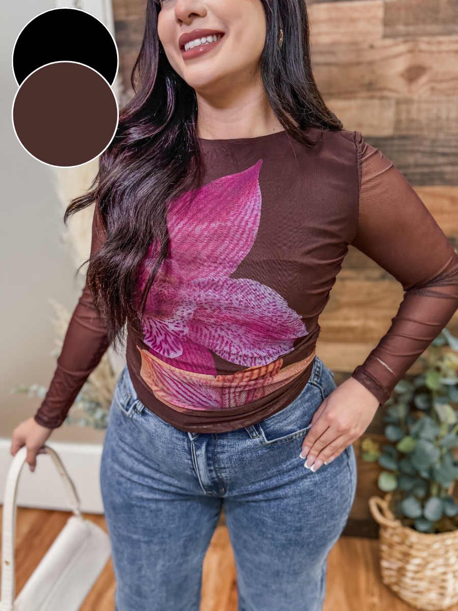 Alana Flower Long Sleeve Mesh Top